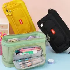 大容量 2段式 筆箱 ペンケース 文房具 収納 ブラック 多機能 ファスナー