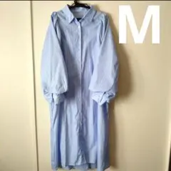 レディース ブルーブルーエ　水色　ワンピース　ストライプ　シャツ　パフスリーブ