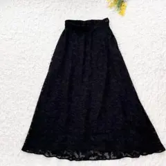 グラシア　総柄フレアスカート　ロング丈　F 黒　総裏裏地　大人上品　着痩せ