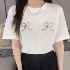 ribbon スパンコール 白 Tシャツ GRLのサムネイル