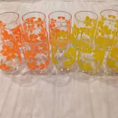 昭和レトロ 花柄グラス 10個セット オレンジ イエロー カフェ風 来客用にも◎