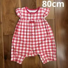 ベルメゾン　ギンガムチェック前開きカエルロンパース 80 赤