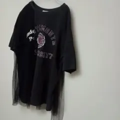 チュール付きプリントTシャツ フリーサイズ 黒