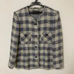 ノーカラーチェックジャケット ブルーグレー