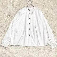 5793 美品✨フリル襟長袖ブラウス L 白 綺麗め バンドカラー ビジュー