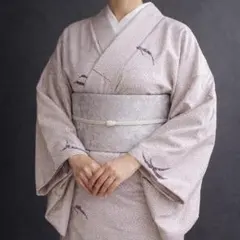 【J1148】洗える着物 小紋 袷 化繊 白 紫 対象身長～160cm 単品販売