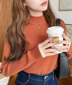 ボトルネック配色ラインワイドリブニットプルオーバー　moment+