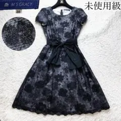 1極美品 エムズグレイシー 花柄レース リボンフレアワンピース ラメ フォーマル