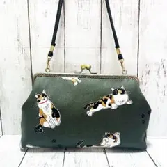 猫柄 がま口バッグ 合皮ショルダー付き ハンドメイド