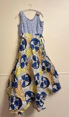 【美品】ノースリーブフレアワンピース ブルー×イエロー 切替 総柄 海外古着