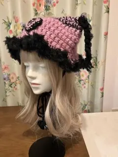 猫耳ニット帽 ハンドメイド 編み物 ピンク 黒 - メルカリ