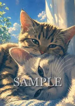 富士山を見つめる猫たち 水彩画風 デジタルアート キジトラ 茶トラ A4