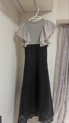 mily bilet ダブルフリル袖チェックレースドッキングワンピース