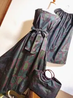 1921　着物リメイク☆大島紬Aラインロングワンピース+ガウチョ＆バックストール