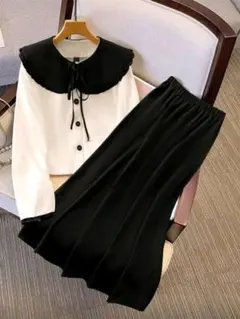 フリル付き襟のホワイト・ブラックセットアップ　24