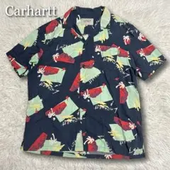 美品✨カーハート アロハシャツ レーヨン100% ネイビー 総柄 ヤシの木 Lのサムネイル