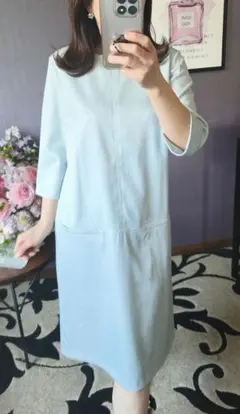 美品♡自由区　ワンピース　ツイード　水色ストレッチ　サイズ40