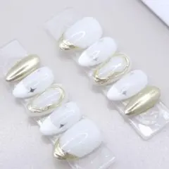 【13】ネイルチップSサイズ 白　ゴールド ミラー キラキラ　フレンチ　星パール