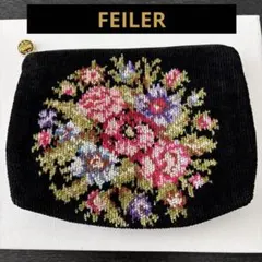 FEILER 花柄刺繍 ポーチ ブラック