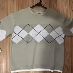 ベージュ ダイヤモンド柄 ニットセーター 長袖