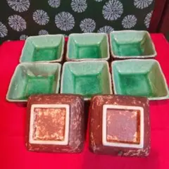 緑釉 角小皿 6枚セット 陶器 昭和レトロ陶器小皿8セット。手造りて焼き工芸品。