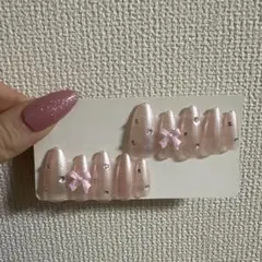 リボン付きピンクネイルチップ10個セット