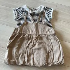 半袖ロンパース&ワンピセット　ジャンバースカート　ボーダー　フリル　ベージュ