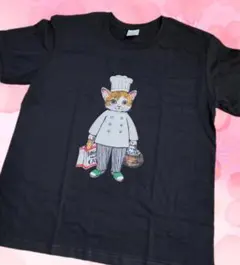猫 シェフ プリント Tシャツ ブラック 新品　グラフィック　パロディ　可愛い