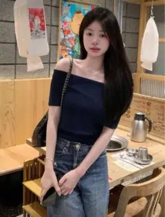shein ネイビー オフショルダー 半袖 トップス