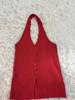 HANNE ホルターネック ニット ノースリーブ レッド　ビスチェ