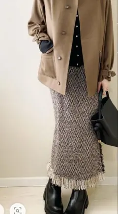 ブラウンツイードフリンジタイトスカート　UNFIELDツイードラップ風スカート冬
