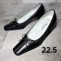美品 銀座カネマツ パンプス 22.5 リボン スクエア レザー ブラック