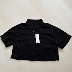 【未着用】GU リネンブレンド クロップドシャツ 半袖 ブラック XS