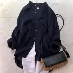美品 ジャーナルスタンダードラックス バンドカラー リネンシャツ ネイビー