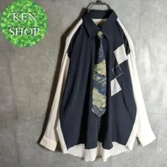 ネクタイシャツ　ネイビー　ホワイト　バイカラー デザイン柄　ヴィンテージ古着