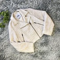 ZARA【M】おしゃれ アイボリー ツイード ショート丈 テーラード ジャケット