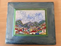 手描き風景画 青と緑の木製フレーム