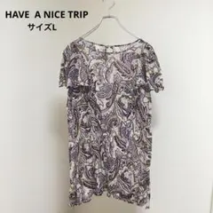 トップス　透け感　【ハヴァナイストリップ】フリルスリーブ　ノースリーブ　総柄　L