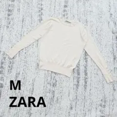 ザラ クルーネック ニット セーター M ベージュ 長袖 袖ボタンデザイン 無地