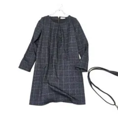 INDEX/インデックス◇タック入り 長袖ひざ丈チェックワンピース『M』黒