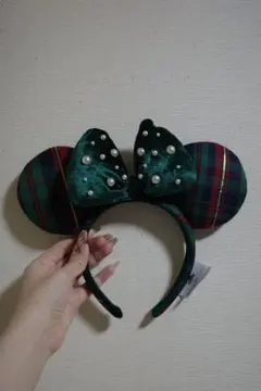 香港ディズニー　クリスマス　カチューシャ　緑色　チェック柄