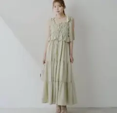 アシメ紐デザインチェック柄シャーリングロングワンピース