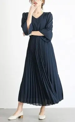 ネイビー フレアスリーブ ロングワンピース七分丈 Lサイズ