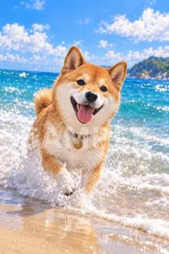 海辺で遊ぶ柴犬 AIアート A4ポスター