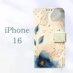 iPhone 16 花柄 手帳型ケース　爽やかブルー　青
