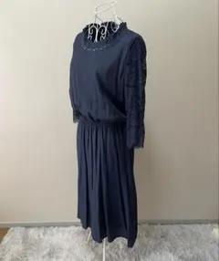 ネイビー レース袖 ロングワンピース ドレス フォーマル