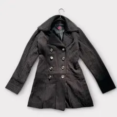 ピンクミックス　長袖ロングコート　襟あり　ストライプ　バックリボン　かっこ可愛い