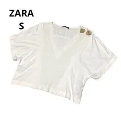 ザラ　半袖　Tシャツ　カットソー　白　Ｖネック　コットン　リネン混　S