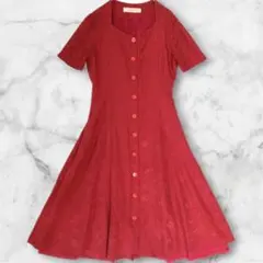 レトロ 赤ワンピース 花柄ジャガード Aライン ロング丈 ベルト付き