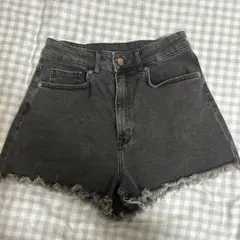 ダークグレー フリンジ裾 ハイウエストショートパンツ
